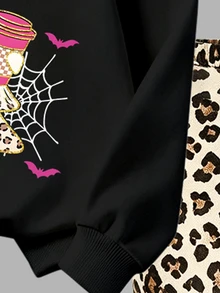 Tween Girl Cartoon Print Long Sleeve Sweatshirt And Leopard Print Leggings Set - Multicolor - View 5