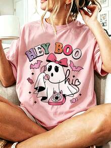 EMERY ROSE 女款 Spooky Season 可愛幽靈印花 T-shirt，彩色字母 Hey Boo 蝴蝶結蝙蝠圖案短袖休閒寬鬆萬聖節派對上衣 - 粉色 - 查看 1