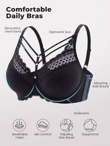Bareli Dear Plus Size Black Underwire Lace Patchwork Thin Cup Bra, 1pc - Black - View 3