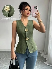 Elenzga 女款V領修身前襟金色玫瑰鈕扣裝飾外套背心 - 橄欖綠 - 查看 1