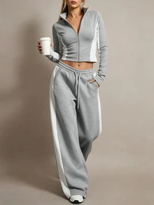 Trelyra Women's Cropped Long Sleeve Sweatshirt And Drawstring Waist Striped Loose Pants 2 Pieces Set - Blue and White - View 3