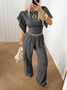 SHEIN EZwear Dunkelgraues Strick Damen Fledermaus-Kurzarm-Top und lange Hose Loungewear Set - Grau - Übersicht 6