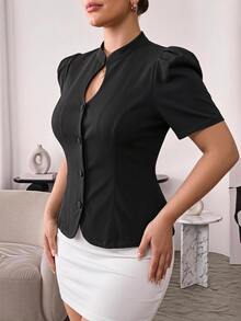 Hourglow Plus Size Women's Black Blouse, Stand Collar Keyhole Neck Short Puff Sleeve Waist-Defining Peplum Top - Black - View 6