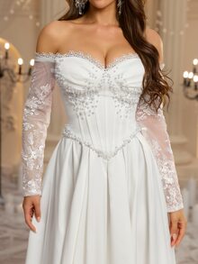 Glamrae Elegant Luxury Embroidered Faux Pearl Decorated Off-Shoulder Dress For Ball, Wedding - White - View 2