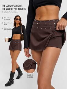 Avenya Women's Rivet Decor Hot Girl Skirt Shorts - Coffee Brown - View 1
