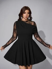 Viva Relle Gaun Pesta Kasual Patchwork Renda untuk Wanita Ukuran Plus - Hitam - View 5