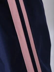 女童休閒日常極簡時尚度假舒適運動街頭戶外都市通勤海軍藍編織聚酯纖維拉鍊小立領長袖鬆緊腰長褲，附小狗圖案與條紋裝飾，返校季春秋套裝 - 藏蓝色 - 查看 5