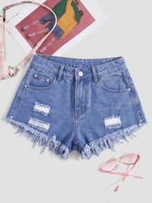 SHEIN PETITE 性感街頭風鈕扣磨損毛邊牛仔短褲 - 藍色 - 查看 1