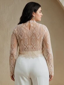 Anewsta Atasan Lengan Panjang Wanita Elegan Warna Beige dengan Bordir dan Manik-manik untuk Musim Gugur/Dingin, Blus Modis Ukuran Besar untuk Tamu Pernikahan, Pesta Koktail, Makan Malam, dan Acara Malam Hari - Aprikot - View 7