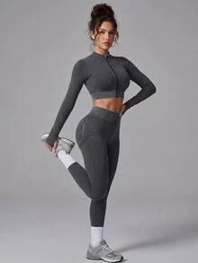 Slayform Slayform Women's Sexy Modest Athleisure Cropped Zipper Top And Tight Leggings Sports Set Gym Active Dark Grey Autumn - Black - View 5