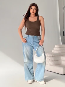 Solflare Spring/Summer Clothing Multi-Color White+Black+Blue 3-Color Fitted Plus Size Long Tank Top - Multicolor - View 6