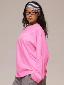 MUSERA 白色圖案 Logo 細節長袖上衣 冬季休閒日常舒適穿搭酷白色女款上衣 - 粉色 - 查看 3