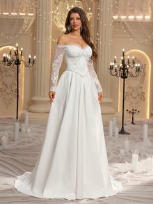 Glamrae Elegant Luxury Embroidered Faux Pearl Decorated Off-Shoulder Dress For Ball, Wedding - White - View 7