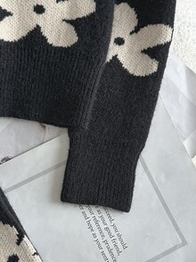 女童秋冬時尚圖案提花針織長袖套頭毛衣與長褲套裝 - 黑色 - 查看 4