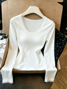 GlowEve Fall Clothes FOR WomenWomen's Minimalist Lace Patchwork Long Sleeve Elegant T-Shirt - White - View 3