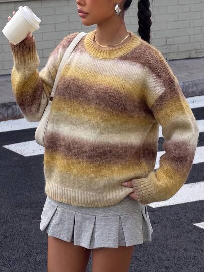 Pariaura Women Knit Top Loose Fuzzy Crew Neck Ribbed Cuffs Casual Street Vintage Brown Yellow Beige Gradient Striped Fall Clothes For Women Thanksgiving