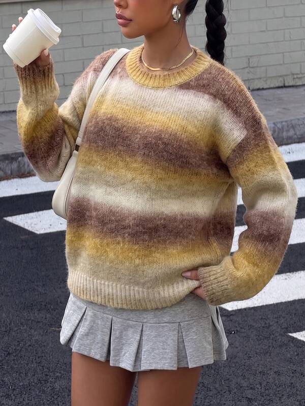 Pariaura Women Knit Top Loose Fuzzy Crew Neck Ribbed Cuffs Casual Street Vintage Brown Yellow Beige Gradient Striped Fall Clothes For Women Thanksgiving