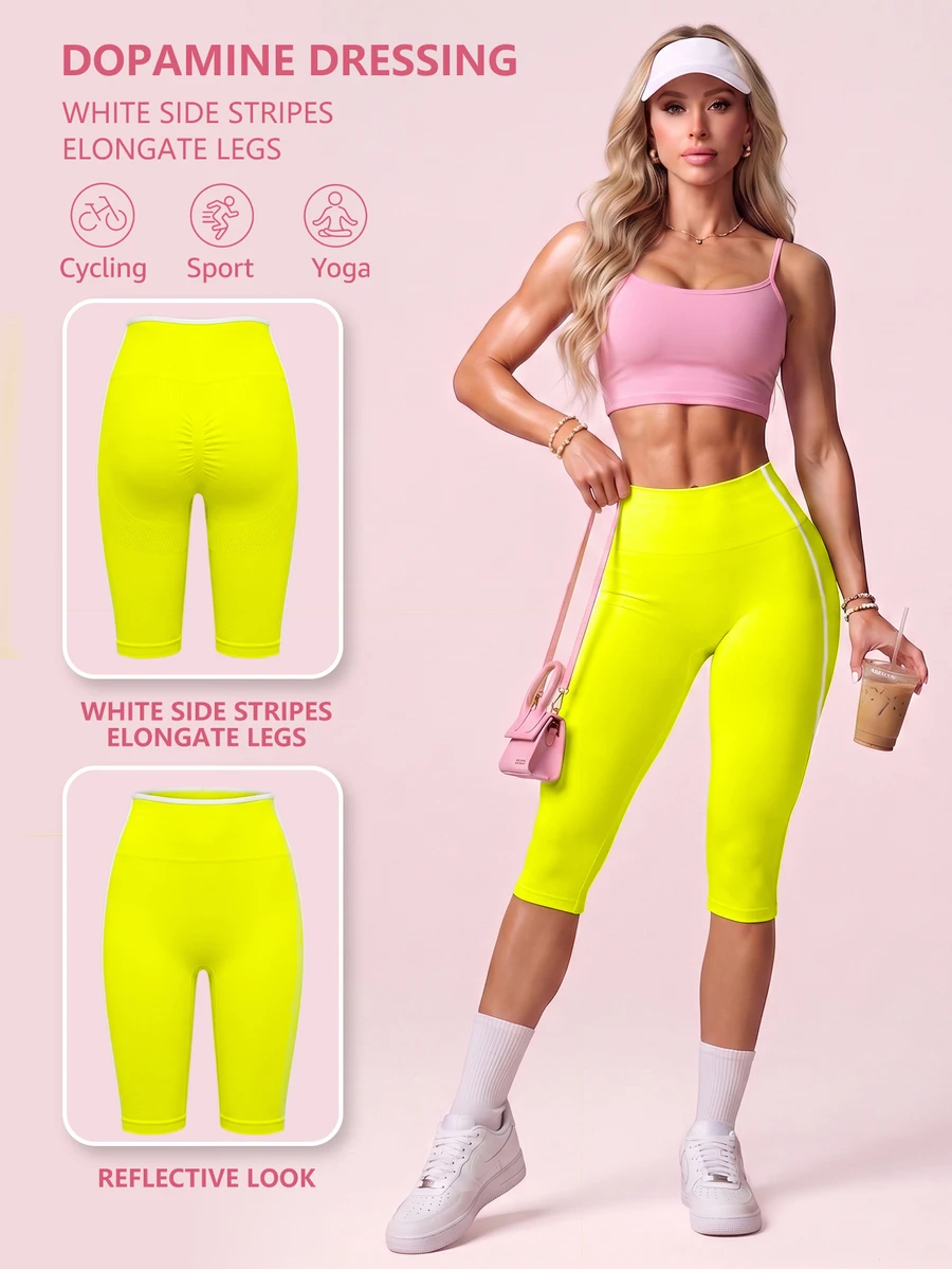 SHEIN Sovereign Charm Women's Neon Green High Waist 7/8 Length Sports Leggings Gym Pilates Summer Athletic - Yellow - View 1