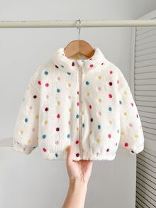 SHEIN 女童嬰兒休閒百搭彩色波點圖案人造毛長袖立領夾克，適合滑雪、戶外、徒步、出遊、度假及任何場合，休閒百搭時尚 - 彩色 - 查看 1