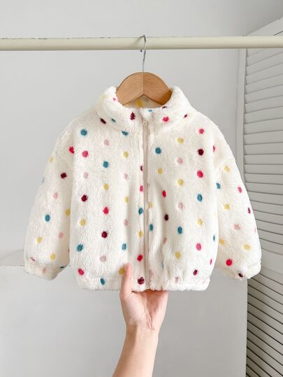 SHEIN Kids Baby Girl Casual Versatile Colorful Polka Dot Pattern Faux Fur Long Sleeve Stand Collar Jacket, Suitable For Skiing, Outdoor, Hiking, Outings, Vacation And Any Occasion, Casual Versatile, Fashion