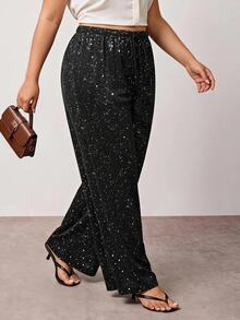 Hourglow Plus Size Drawstring Waist Sequin Fashion Straight Leg Loose Fit Long Pants - Black - View 3