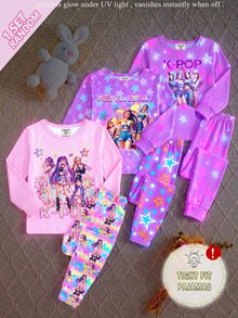 女童 K-POP 偶像夢幻印花 UV 光感螢光貼身睡衣套裝，韓系甜酷風，針織彈性面料，舒適柔軟圓領短袖長褲 2 件式居家服，適合居家與戶外穿著 - 彩色 - 查看 9