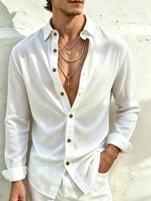 TONEVAULT Men's Solid Color Long Sleeve Single-Breasted Casual Commuter Shirt - White - View 5