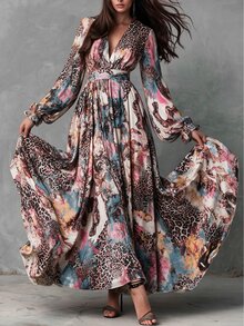 LUMIGAL 女款秋季洋裝，復古熱帶歐洲風拼接豹紋花卉深V領收腰度假米色裙 - 彩色 - 查看 1