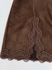 Trelyra Women High Waist Ruched Suede Mini Skirt With Lace Trim Fall Winter Brown Elegant Skirt For Party Going Out Wear Renaissance Outfit Country Style - Brown - View 6