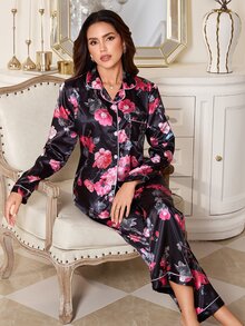 LuxeNights Faux Silk Floral Print Lapel Long Sleeve Long Pants Pajama Set - Black - View 3
