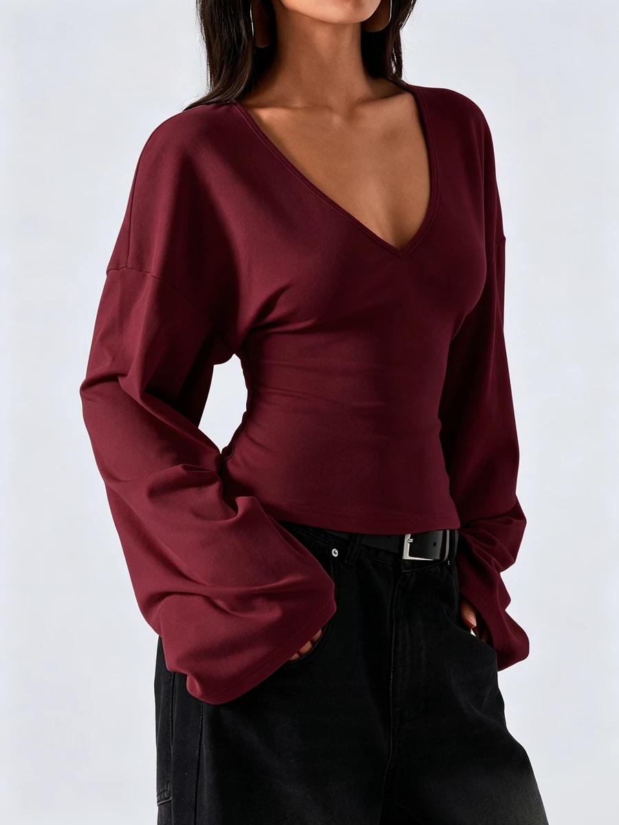 LYSMO Women's Solid Color V-Neck Drop Shoulder Long Sleeve Slim Fit T-Shirt - Burgundy - View 1