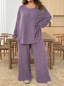 SHEIN CURVE+ 2pcs Plus Size Solid Color Ribbed Crew Neck Long Sleeve Top And Pants Set Fall - Purple - View 3