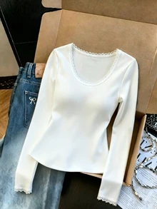 GlowEve Fall Clothes FOR WomenWomen's Minimalist Lace Patchwork Long Sleeve Elegant T-Shirt - White - View 4