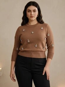Anewsta Women's Elegant Round Neck Lightweight Luxury Rhinestone Decor 3/4 Sleeve Plain Knit Plus Size Top - Camel - View 5