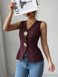 Elenzga Women's V-Neck Fitted Tank Top With Gold Rose Button Decoration On Front - Burgundy - View 4