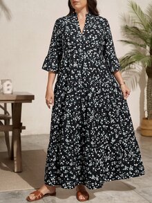 Comfylo 小碎花拼接層次大碼七分袖長洋裝 - 彩色 - 查看 3