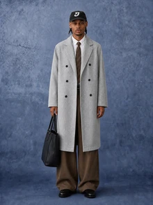 PAVTROS Manfinity Hypemod Men's Solid Long Overcoat, Minimalist Loose Casual Youth Lapel Outerweare - Grey - View 4