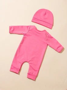 SHEIN 2件組新生兒男嬰攝影套裝 小弟弟刺繡嬰兒迎新服飾 - 粉色 - 查看 2