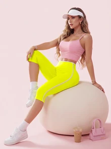 SHEIN Sovereign Charm Women's Neon Green High Waist 7/8 Length Sports Leggings Gym Pilates Summer Athletic - Yellow - View 3