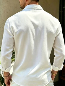 TONEVAULT Men's Solid Color Long Sleeve Single-Breasted Casual Commuter Shirt - White - View 4