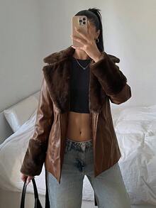 SHEIN EZwear Solid Color Long Sleeve Casual Streetwear Elegant PU Patchwork Waisted Jacket With Drawstring In Fall/Winter Night Out Brown - Coffee Brown - View 5