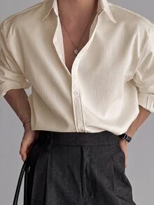 Manfinity Hypemode Men's Casual Textured Long Sleeve Button-Down Shirt For Everyday Wear - Khaki - View 5