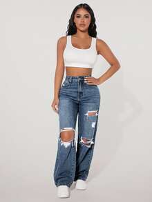 Jeanoix Plus Size Fashion Button Pocket Distressed Sexy Denim Jeans - Dark Wash - View 4