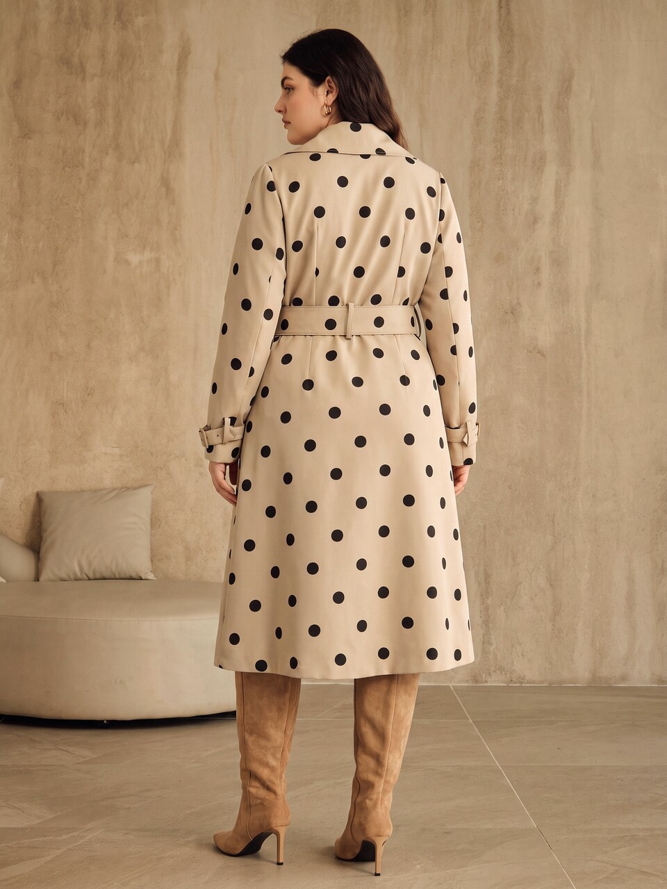 Autumn/Winter New High-Quality Fashion Plus Size Women's Vintage Minimalist Polka Dot Design Cinched Waist Trench Coat, Blazer Collar Waist-Cinching Tie-Front Slimming Commuter Versatile Mid-Length Jacket