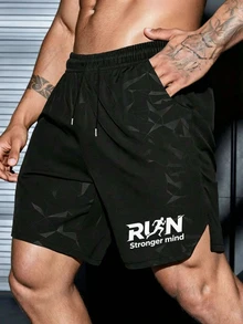 GymBeat Men's Letter Print Drawstring Waist Pocket Sports Shorts, Gym - Black - View 1