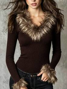 LUMIGAL Women's Fuzzy Patchwork Fitted Versatile Daily Casual Long Sleeve Sweater - Brown - View 1