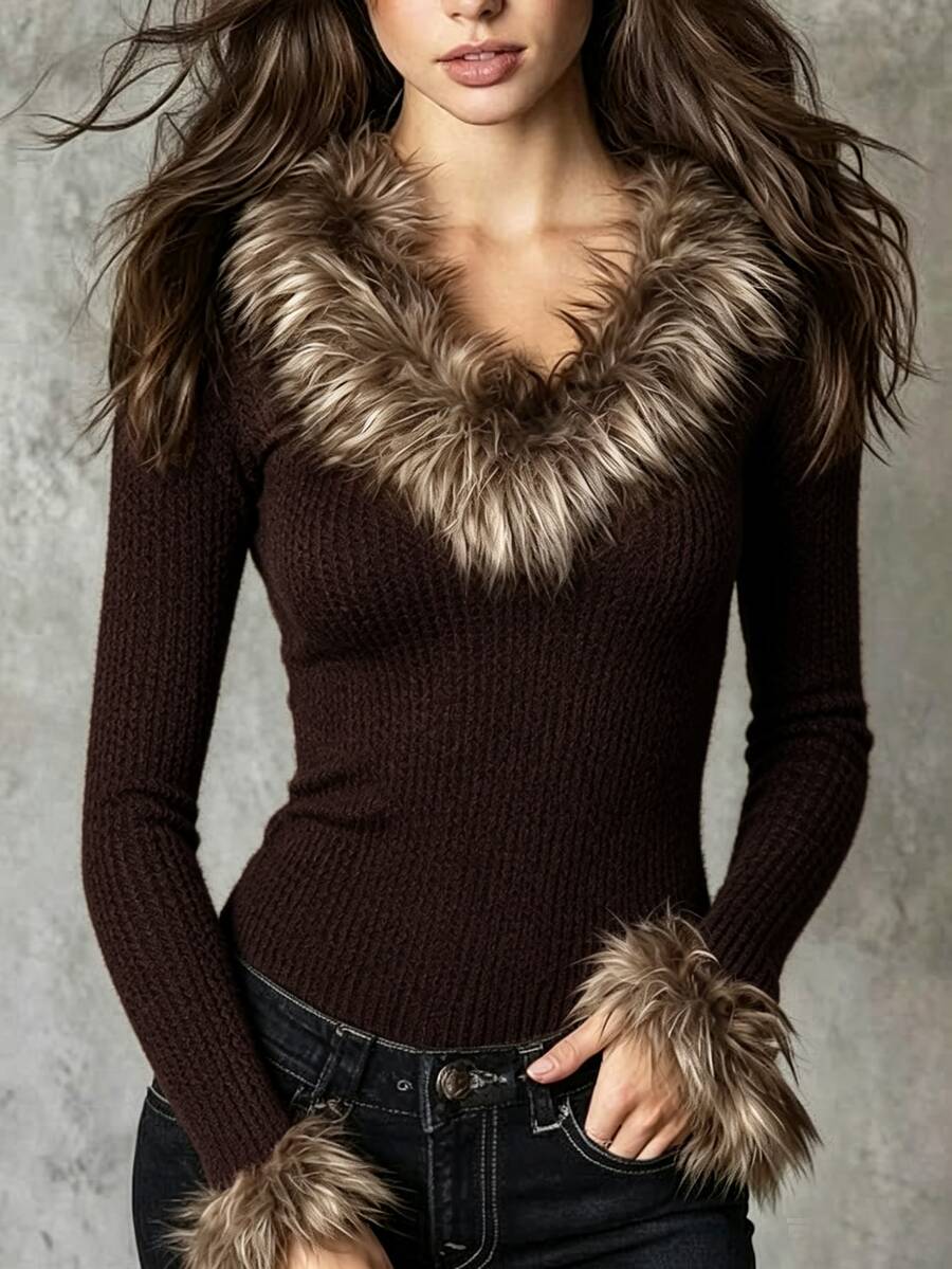 LUMIGAL Women's Fuzzy Patchwork Fitted Versatile Daily Casual Long Sleeve Sweater - Brown - View 1