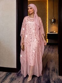 SHEIN Lady CURVE Plus Size Women Leaf Embroidery Pattern Cover Up And Dress Fashion 2 Pieces Set - Pink - View 4