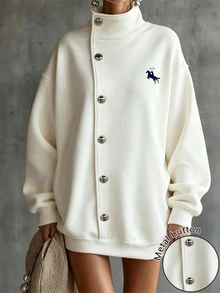 Glimmora Women's Knight Print Fashion Button Long Sleeve Stand Collar Sweatshirt - Apricot - View 1