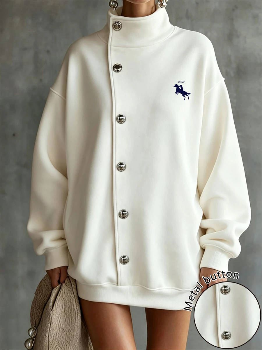 Glimmora Women's Knight Print Fashion Button Long Sleeve Stand Collar Sweatshirt - Apricot - View 1